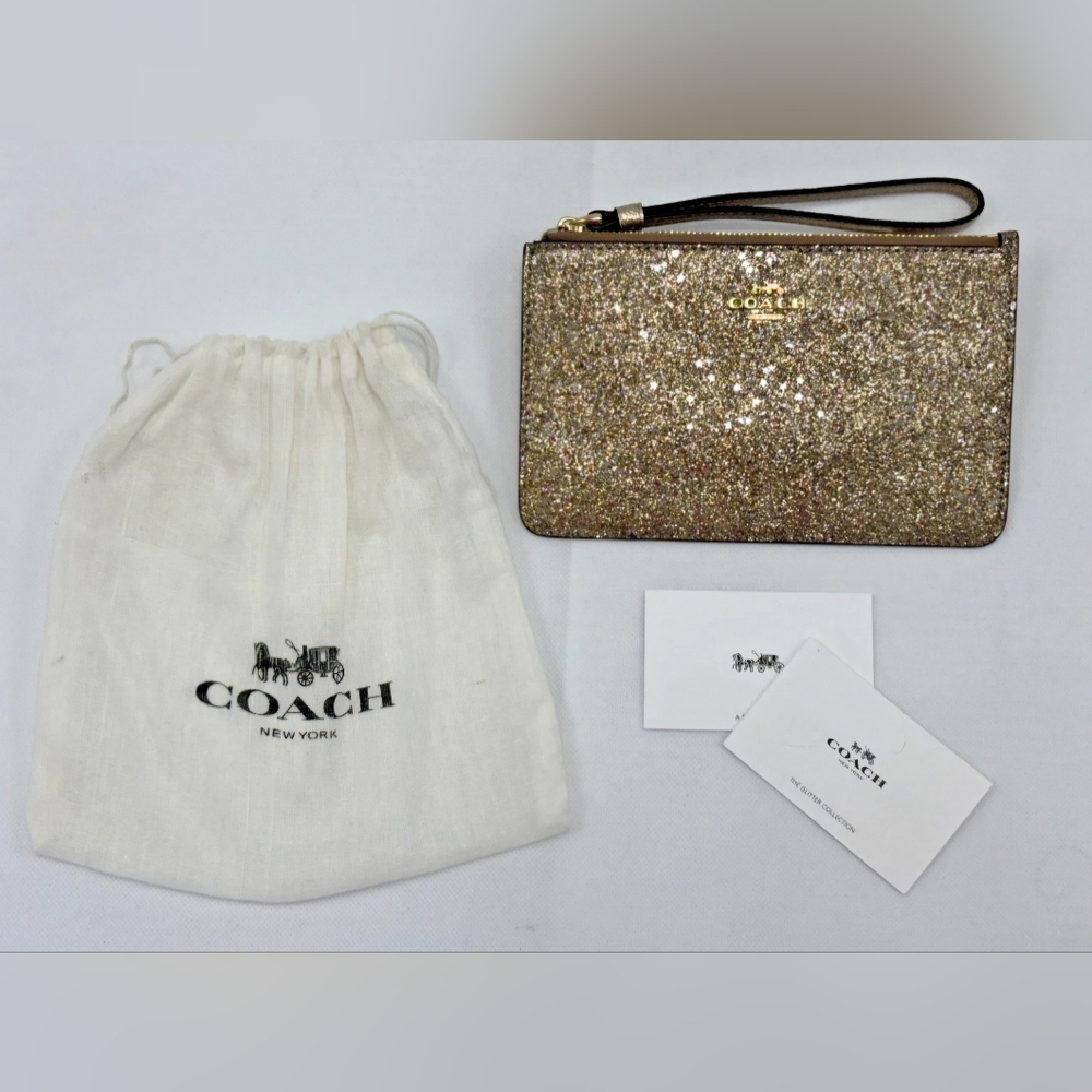 Coach Glitter Wristlet NWT with branded dustbag Gold Champagne Sequin